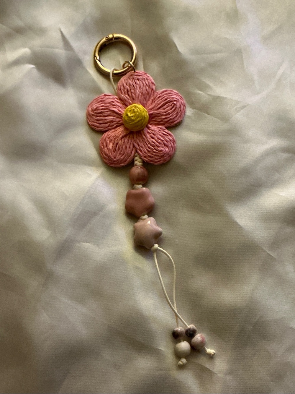 Handcrafted Pink Flower Keychain Charm with Yellow Center